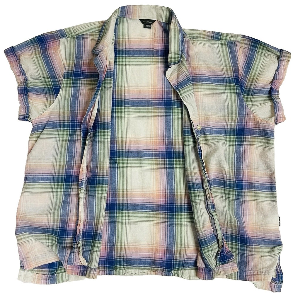 Eddie Bauer Womens L Plaid Button Down Shirt Pastel Short Sleeve Camp Top